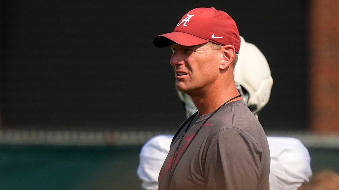 Aug. 19, 2025, Tuscaloosa, AL; Head Coach Kalen DeBoer watches his team go through practice for the Alabama Crimson Tide.