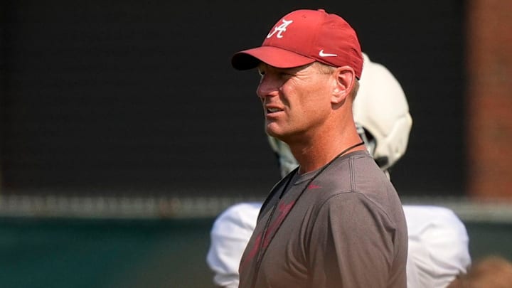 Aug. 19, 2025, Tuscaloosa, AL; Head Coach Kalen DeBoer watches his team go through practice for the Alabama Crimson Tide.
