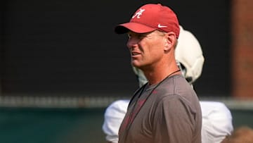 Aug. 19, 2025, Tuscaloosa, AL; Head Coach Kalen DeBoer watches his team go through practice for the Alabama Crimson Tide.