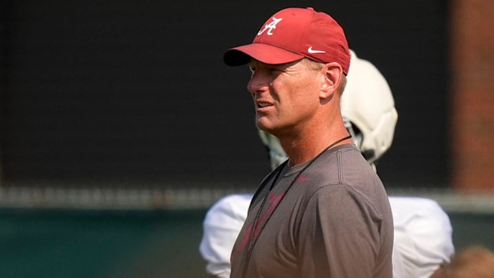 Aug. 19, 2025, Tuscaloosa, AL; Head Coach Kalen DeBoer watches his team go through practice for the Alabama Crimson Tide.