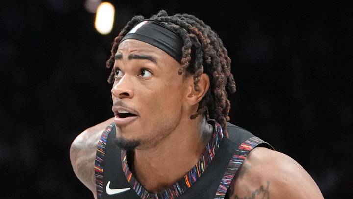 Apr 3, 2026; Brooklyn, New York, USA; Brooklyn Nets center Nic Claxton (33) dribbles the ball towards the basket against the Atlanta Hawks during the first half at Barclays Center. Mandatory Credit: Gregory Fisher-Imagn Images
