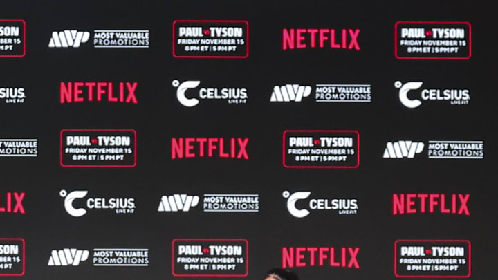 Nov 13, 2024; Irving, TX, USA; Mike Tyson and Jake Paul hold a press conference before their upcoming fight at The Pavilion at Toyota Music Factory. Nov 13, 2024; Irving, TX, USA; Mike Tyson and Jake Paul hold a press conference before their upcoming fight at The Pavilion at Toyota Music Factory.