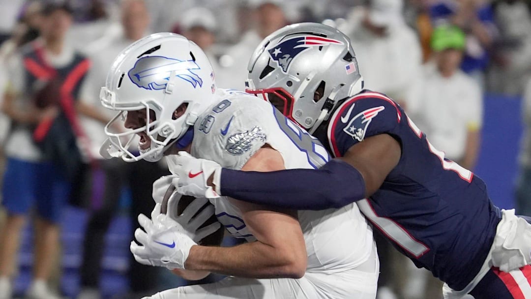 Buffalo Bills tight end Dalton Kincaid gets tackled from behind by New England Patriots safety Jaylinn Hawkins. Buffalo Bills tight end Dalton Kincaid gets tackled from behind by New England Patriots safety Jaylinn Hawkins.