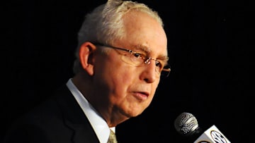 July 17, 2012; Hoover, AL, USA;  Former SEC commissioner Mike Slive speaks at a press conference during 2012 SEC Media Days at the Wynfrey Hotel. 
