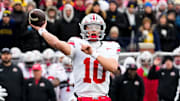 Ohio State Buckeyes quarterback Julian Sayin (10) makes a pass against the Michigan Wolverines in the first half of the NCAA football game at Michigan Stadium on Saturday, Nov. 29, 2025 in Ann Arbor, Michigan.