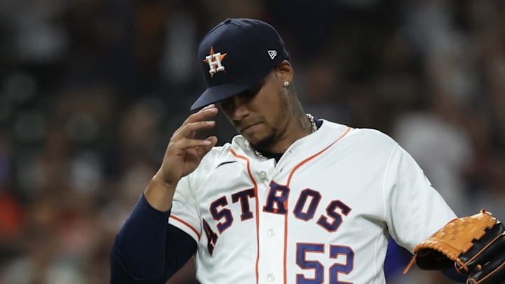 Houston Astros pitcher Bryan Abreu (52) reacts 