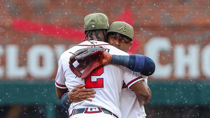 May 17, 2026; Cumberland, Georgia, USA; Atlanta Braves shortstop Jorge Mateo (2) and second baseman Ozzie Albies (1) shake hands after a victory against the Boston Red Sox at Truist Park. Mandatory Credit: Jordan Godfree-Imagn Images