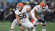 Aug 8, 2025; Charlotte, North Carolina, USA; Cleveland Browns center Luke Wypler (56) calls out the defense during the first quarter against the Carolina Panthers at Bank of America Stadium. Mandatory Credit: Jim Dedmon-Imagn Images