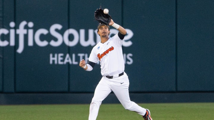 Oregon State's Micah McDowell catches the fly out against Tulane in the Corvallis Regional of the NCAA Tournament Friday, May 31, 2024, at Goss Stadium in Corvallis, Ore.