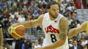 July 16, 2012; Washington, DC, USA; United States guard Deron Williams (8) dribbles the ball against Brazil in the first half at Verizon Center. Team USA won 80-69. Mandatory Credit: Geoff Burke-Imagn Images