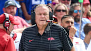 Arkansas Razorbacks coach Sam Pittman looks on against the Memphis Tigers during the first half at Simmons Bank Liberty Stadium.