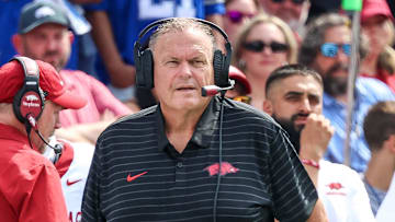 Arkansas Razorbacks coach Sam Pittman looks on against the Memphis Tigers during the first half at Simmons Bank Liberty Stadium.