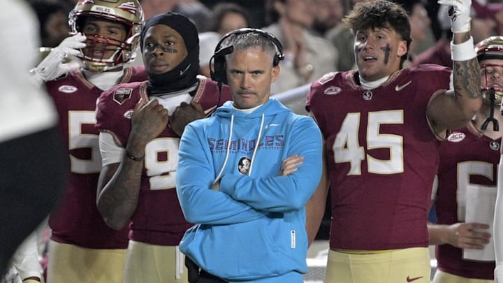 Nov 1, 2025; Tallahassee, Florida, USA; Florida State Seminoles head coach Mike Norvell during the first quarter against the Wake Forest Demon Deacons at Doak S. Campbell Stadium. Mandatory Credit: Melina Myers-Imagn Images