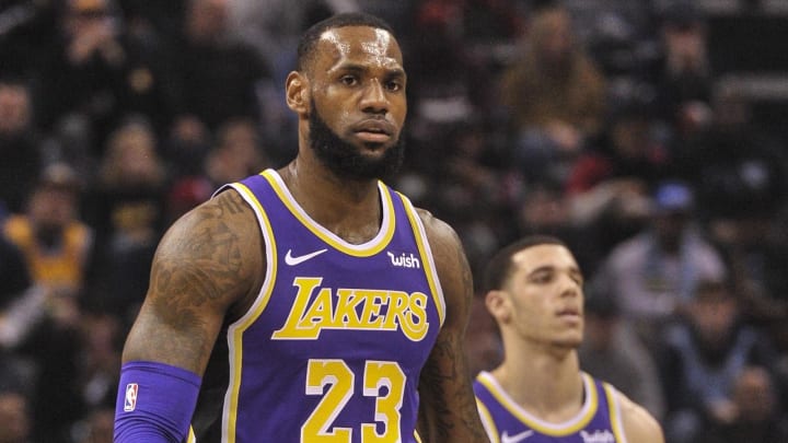 Los Angeles Lakers forward LeBron James (23) and Los Angeles Lakers guard Lonzo Ball (2) during the first half against the Memphis Grizzlies at FedExForum. Mandatory Credit: