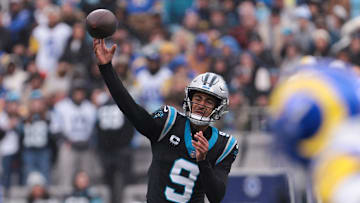 Nov 30, 2025; Charlotte, North Carolina, USA; Carolina Panthers quarterback Bryce Young (9) throws a pass during the first quarter against the Los Angeles Rams at Bank of America Stadium.