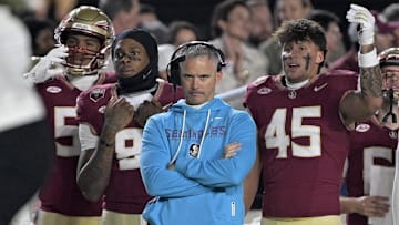 Nov 1, 2025; Tallahassee, Florida, USA; Florida State Seminoles head coach Mike Norvell during the first quarter against the Wake Forest Demon Deacons at Doak S. Campbell Stadium. Mandatory Credit: Melina Myers-Imagn Images