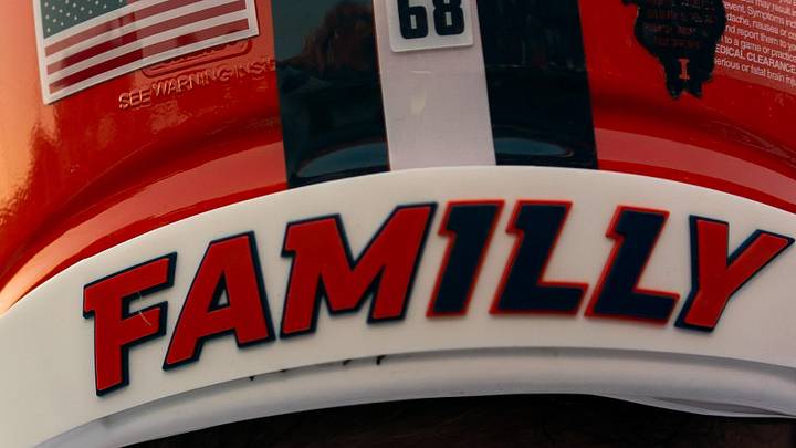 Sep 8, 2023; Lawrence, Kansas, USA; A general view of the helmet worn by Illinois Fighting Illini offensive lineman Zachary Barlev (68) during the first half against the Kansas Jayhawks at David Booth Kansas Memorial Stadium. Mandatory Credit: Jay Biggerstaff-Imagn Images