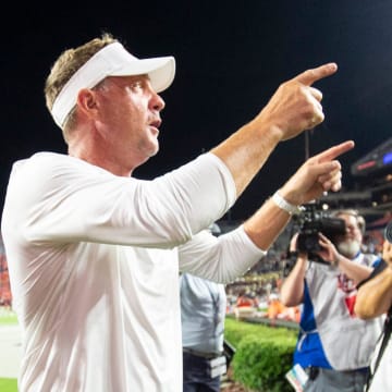 Auburn Tigers head coach Hugh Freeze thanks the fans after the game as Auburn Tigers takes on Alabama A&M