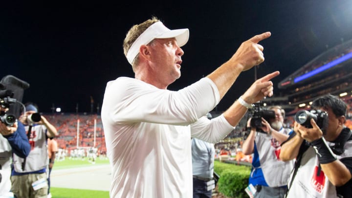 Auburn Tigers head coach Hugh Freeze thanks the fans after the game as Auburn Tigers takes on Alabama A&M