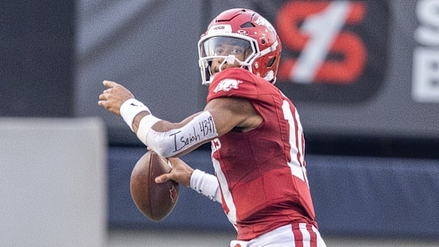 Razorbacks quarterback Taylen Green lines up one of his 10 extra points in a 70-0 win over UAPB.