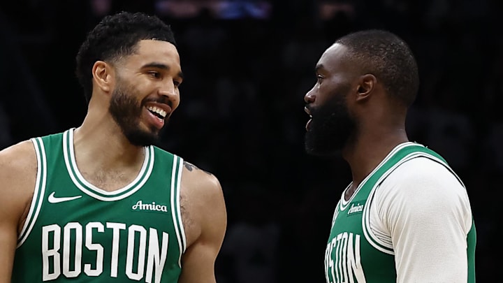 Mar 6, 2026; Boston, Massachusetts, USA; Boston Celtics forward Jayson Tatum (0) has a laugh with guard Jaylen Brown (7) during the second half against the Dallas Mavericks at TD Garden. Mandatory Credit: Winslow Townson-Imagn Images