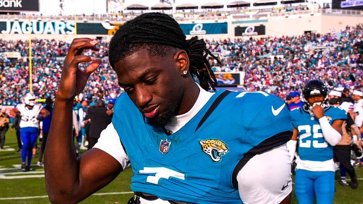 Jacksonville Jaguars wide receiver Brian Thomas Jr. (7) walks off the field after losing to the Bills during an NFL football AFC Wild Card playoff matchup, Sunday, Jan. 11, 2026, in Jacksonville, Fla. Bills lead 10-7 at the half over the Jaguars. The Bills defeated the Jaguars 27-24. [Doug Engle/Florida Times-Union]