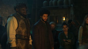 Hammed Animashaun (Loial), Marcus Rutherford (Perrin Aybara), Priyanka Bose (Alanna Mosvani) in The Wheel of Time season 3. Image: Prime Video.