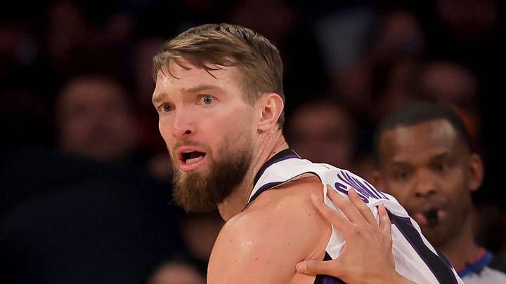 Jan 27, 2026; New York, New York, USA; Sacramento Kings forward Domantas Sabonis (11) controls the ball against New York Knicks guard Landry Shamet (44) during the first quarter at Madison Square Garden. Mandatory Credit: Brad Penner-Imagn Images