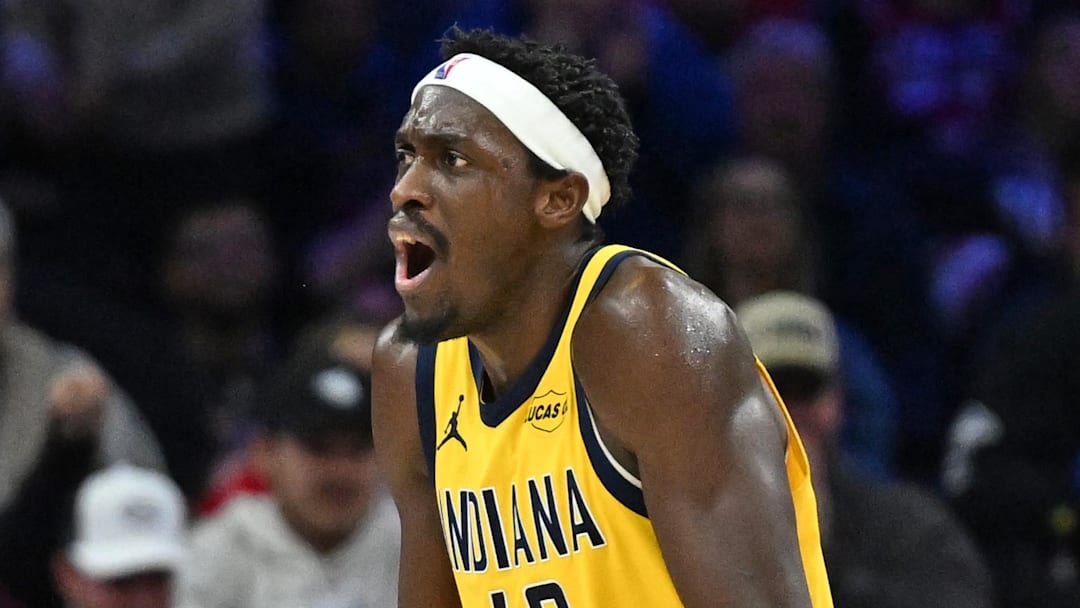 Jan 19, 2026; Philadelphia, Pennsylvania, USA; Indiana Pacers forward Pascal Siakam (43) reacts against the Philadelphia 76ers during the second half at Xfinity Mobile Arena. Mandatory Credit: Eric Hartline-Imagn Images