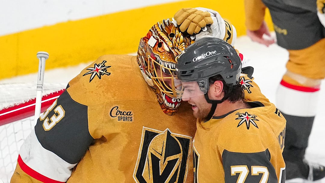 Adin Hill and Kai Uchacz celebrate Vegas' win