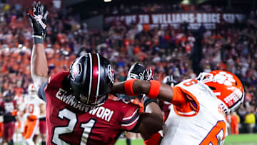Nov 25, 2023; Columbia, South Carolina, USA; South Carolina Gamecocks defensive back Nick Emmanwori (21) intercepts a pass intended for Clemson Tigers wide receiver Tyler Brown (6) in the second half at Williams-Brice Stadium. Mandatory Credit: Jeff Blake-Imagn Images