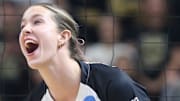 Purdue Boilermakers outside hitter Kenna Wollard (4) celebrates