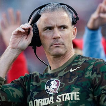 Florida State Seminoles head coach Mike Norvell watches as his players take the field. The Florida State Seminoles lost to the North Carolina State Wolfpack 14-28 Saturday, Nov. 6, 2021.

Fsu V Nc State1072