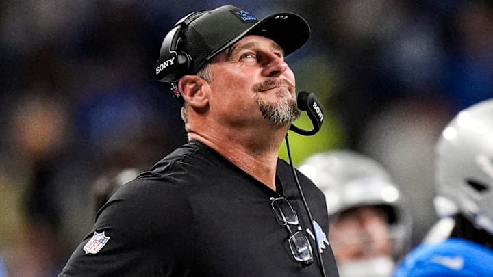 Detroit Lions head coach Dan Campbell reacts to a play against the Green Bay Packers during the first half at Ford Field in Detroit on Thursday, Nov. 27, 2025.