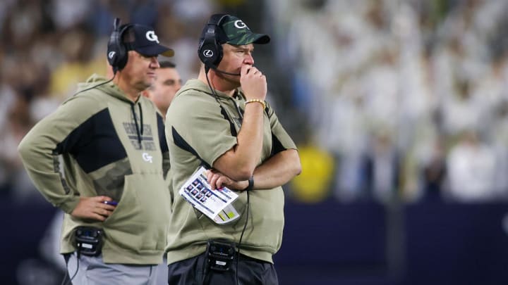 Nov 18, 2023; Atlanta, Georgia, USA; Georgia Tech Yellow Jackets head coach Brent Key on the sideline against the Syracuse Orange in the second half at Bobby Dodd Stadium at Hyundai Field. Mandatory Credit: Brett Davis-USA TODAY Sports