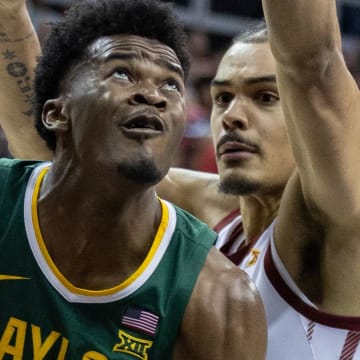 Mar 15, 2024; Kansas City, MO, USA; Baylor Bears center Yves Missi (21) drives to the basket during the second half at T-Mobile Center. Mandatory Credit: William Purnell-USA TODAY Sports