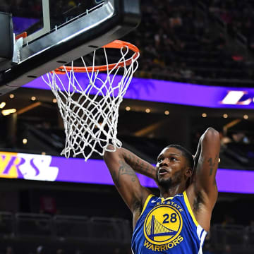 Oct 10, 2018; Las Vegas, NV, USA; Golden State Warriors forward Alfonzo McKinnie (28) looks to dunk the ball during the second half against the Los Angeles Lakers at T-Mobile Arena. Mandatory Credit: Stephen R. Sylvanie-USA TODAY Sports