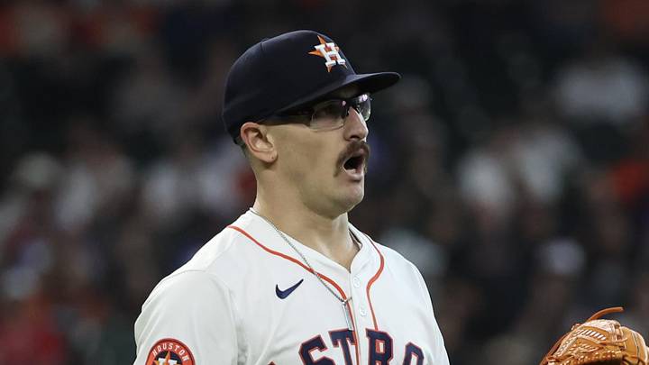 Apr 17, 2024; Houston, Texas, USA; Houston Astros pitcher J.P. France (68) reacts after a balk is called on him against the Atlanta Braves in the first inning at Minute Maid Park. Mandatory Credit: Thomas Shea-Imagn Images