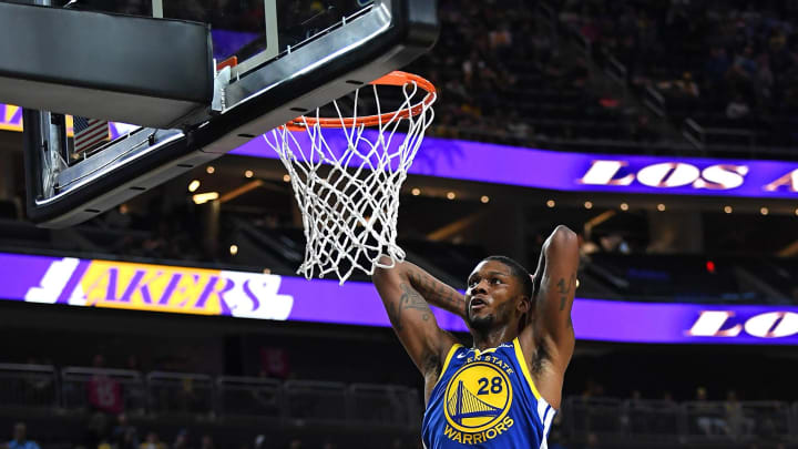 Oct 10, 2018; Las Vegas, NV, USA; Golden State Warriors forward Alfonzo McKinnie (28) looks to dunk the ball during the second half against the Los Angeles Lakers at T-Mobile Arena. Mandatory Credit: Stephen R. Sylvanie-USA TODAY Sports