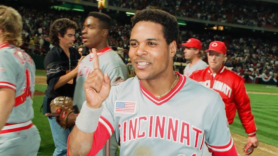 Barry Larkin celebrates after winning the 1990 World Series with the Cincinnati Reds.
