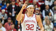 Indiana's Trey Galloway (32) celebrates his three-pointer during the Indiana versus Miami (Ohio) men's basketball game at Simon Skjodt Asseembly Hall on Friday, Dec. 6, 2024.