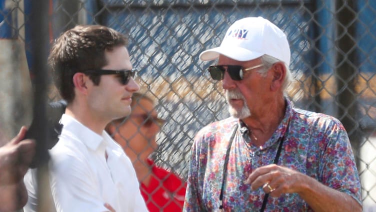 Jim Leyland talks with Detroit Tigers president of baseball operations Scott Harris during Spring Training