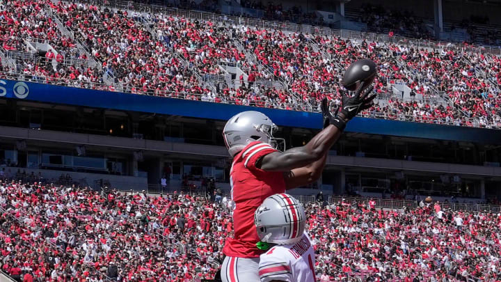 Ohio State Buckeyes star receiver Jeremiah Smith scored an impressive touchdown catch in Saturday's football opener.