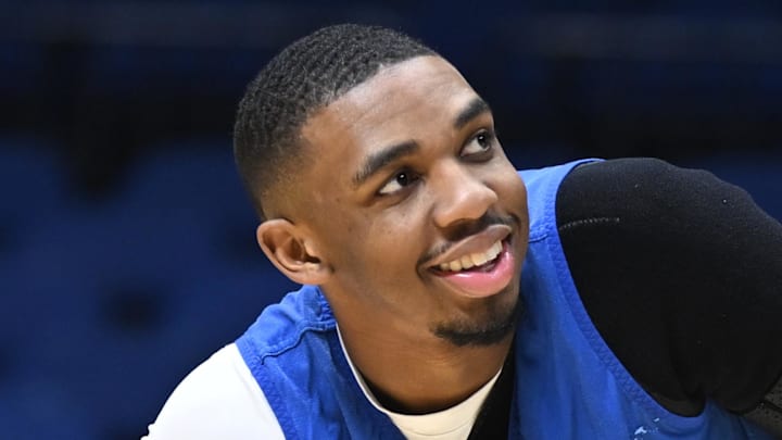 Lamont Butler #1 of the Kentucky Wildcats warms up before practice.