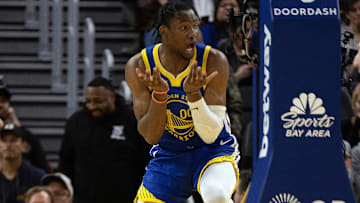 Feb 28, 2023; San Francisco, California, USA; Golden State Warriors forward Jonathan Kuminga (00) reacts as he is called for a foul during the fourth quarter against the Portland Trail Blazers at Chase Center. Mandatory Credit: D. Ross Cameron-Imagn Images