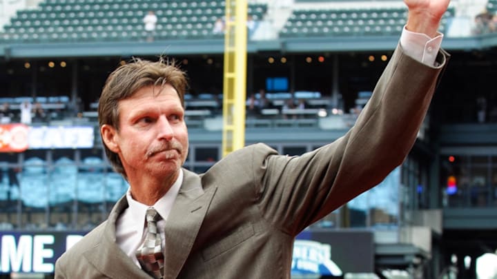 Seattle Mariners former starting pitcher Randy Johnson waves to the fans prior to being inducted in the Seattle Mariners hall of fame before the game between the Seattle Mariners and the Kansas City Royals at Safeco Field in 2012.