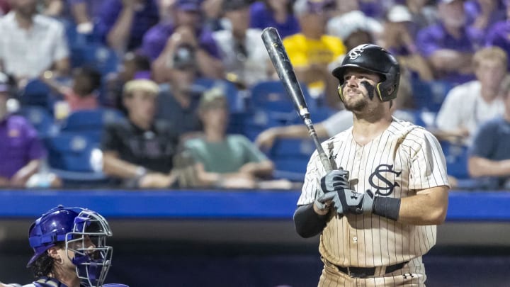 Former South Carolina baseball catcher Cole Messina at the 2024 SEC Tournament before being taken in the 3rd round of the MLB Draft by the Colorado Rockies