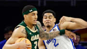 Mar 16, 2025; Fort Worth, TX, USA;  UAB Blazers forward Yaxel Lendeborg (3) drives to the basket as Memphis Tigers forward Nicholas Jourdain (2) defends during the first half at Dickies Arena. Mandatory Credit: Chris Jones-Imagn Images