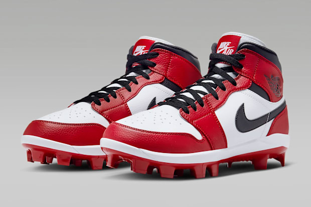 Red and white Air Jordan cleats.