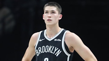 Oct 24, 2025; Brooklyn, New York, USA;  Brooklyn Nets guard Egor Demin (8) at Barclays Center. Mandatory Credit: Wendell Cruz-Imagn Images